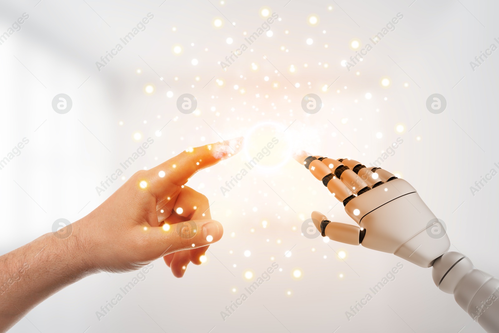 Image of Man and robot touching data network in white room, closeup of hands. Concept of collaboration between AI and human. Modern technology