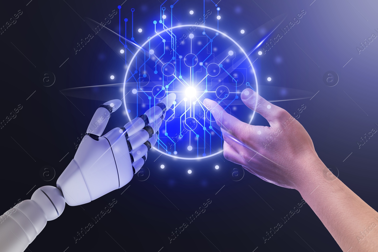 Image of Man and robot touching data network on gradient background, closeup of hands. Concept of collaboration between AI and human. Modern technology