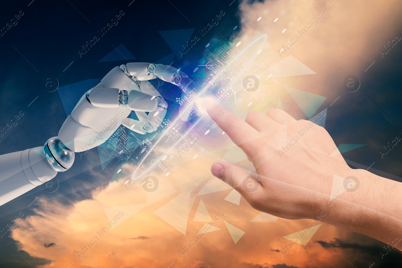 Image of Man and robot touching data network against sunset sky, closeup of hands. Concept of collaboration between AI and human. Modern technology