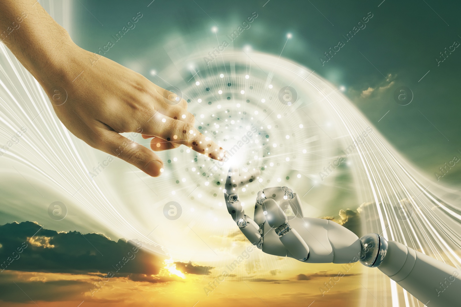 Image of Man and robot touching data network against sunset sky, closeup of hands. Concept of collaboration between AI and human. Modern technology