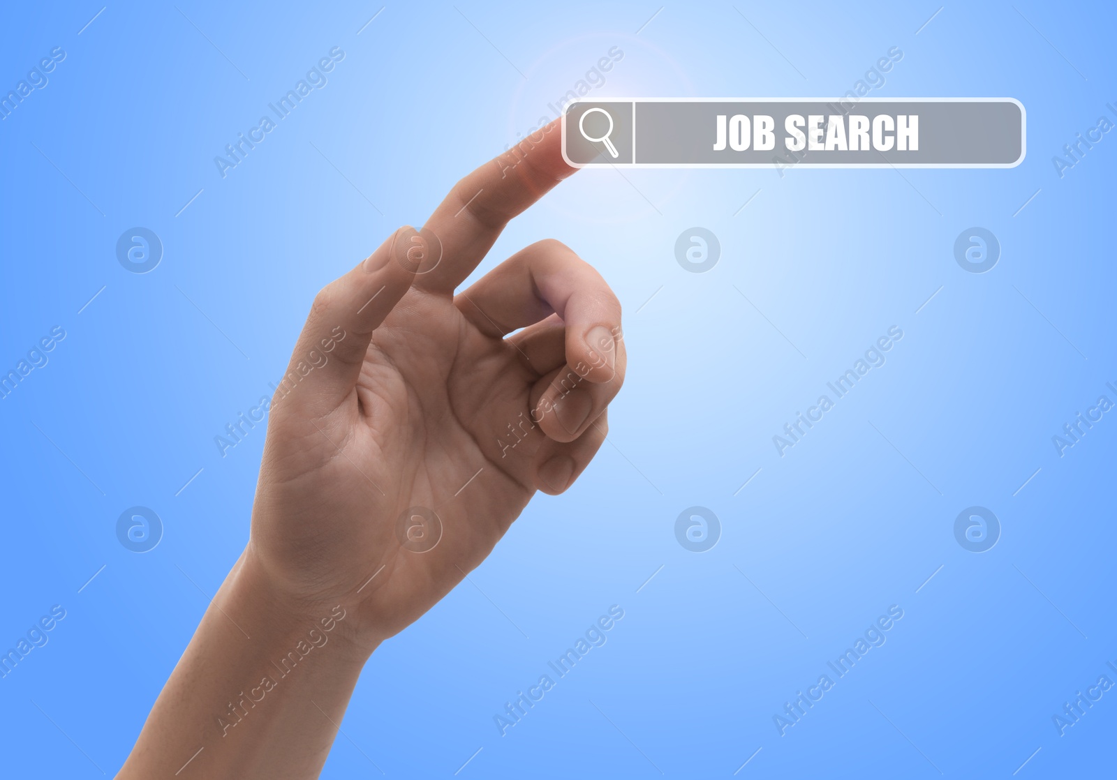 Image of Job search. Man touching virtual search bar on light blue background, closeup