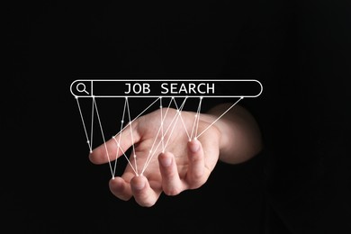 Image of Job search. Woman holding virtual search bar on black background, closeup