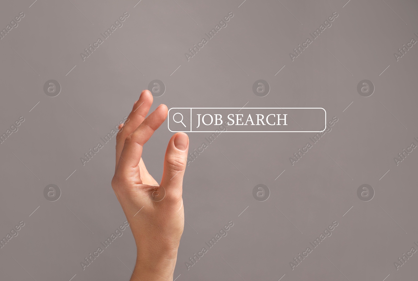 Image of Job search. Woman holding virtual search bar on grey background, closeup