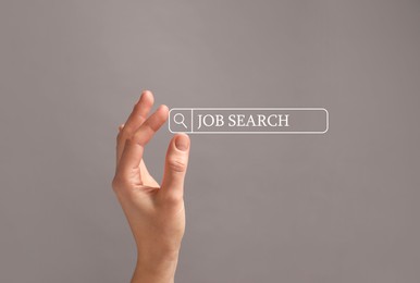 Job search. Woman holding virtual search bar on grey background, closeup