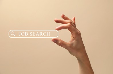 Image of Job search. Woman holding virtual search bar on beige background, closeup