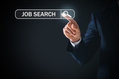 Image of Job search. Businessman touching virtual search bar on black background, closeup