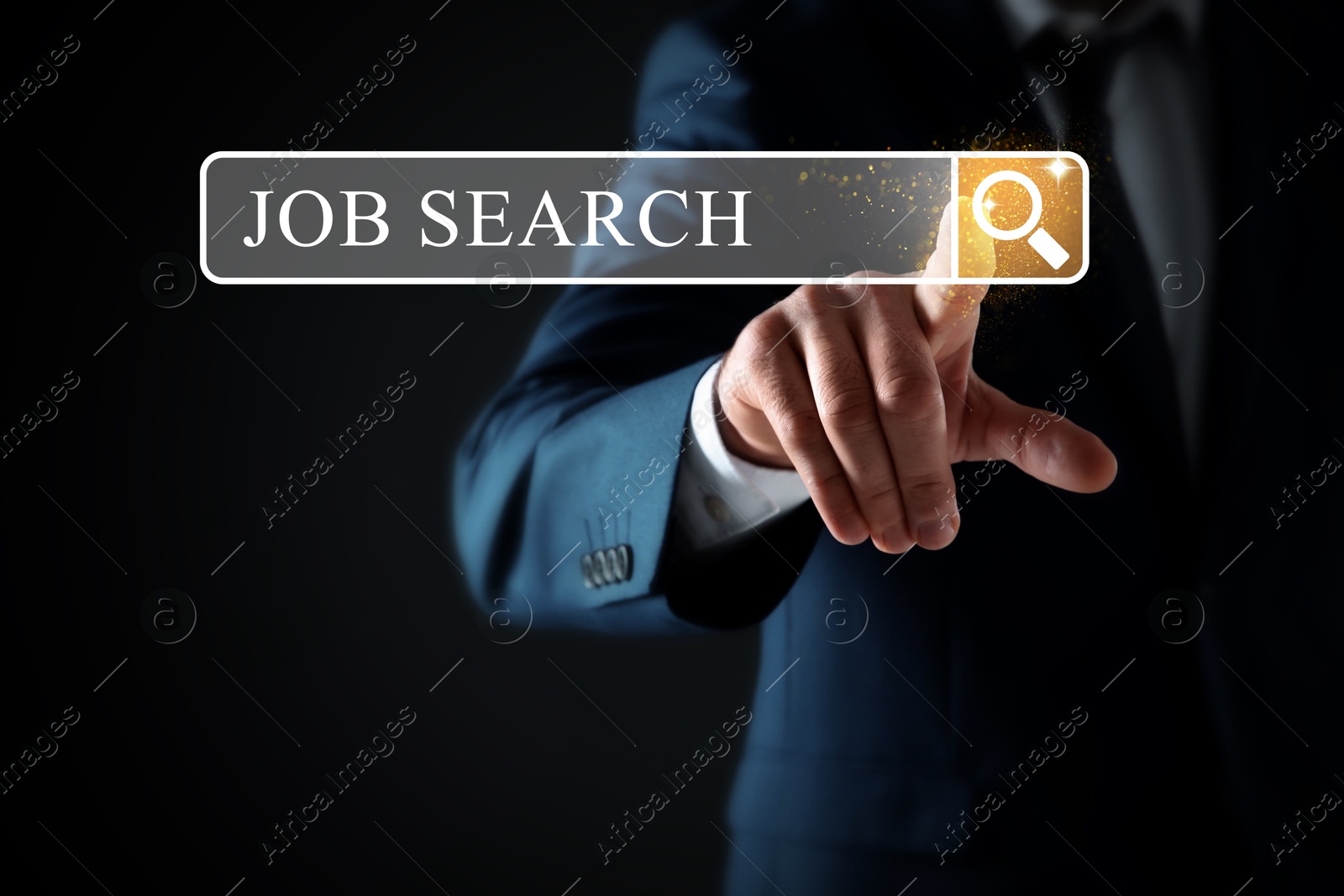 Image of Job search. Businessman touching virtual search bar on black background, closeup