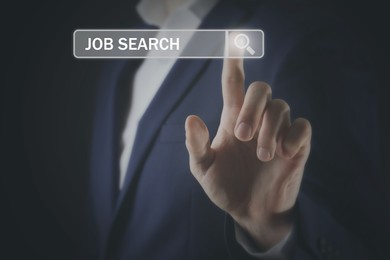 Image of Job search. Businessman touching virtual search bar on black background, closeup