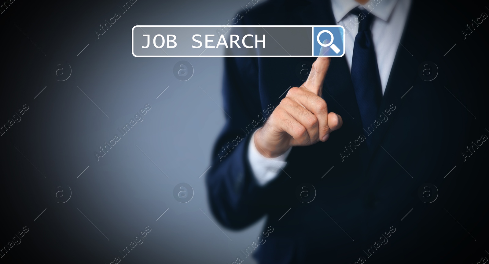 Image of Job search. Businessman touching virtual search bar on black gradient background, closeup