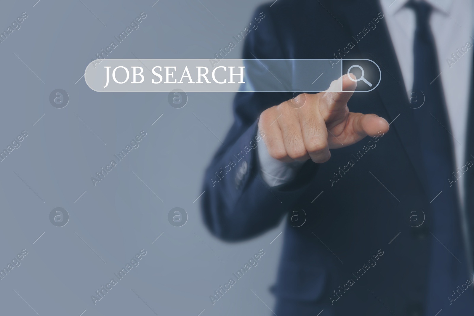 Image of Job search. Businessman touching virtual search bar on grey background, closeup