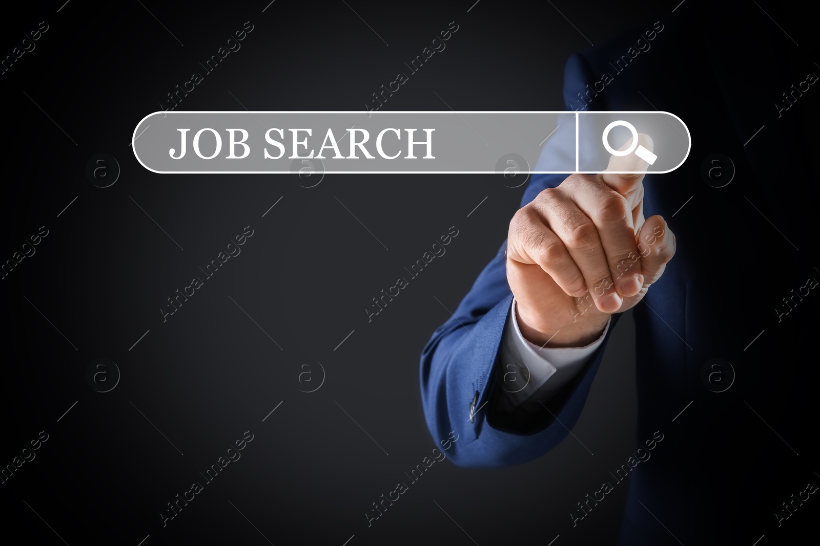 Image of Job search. Businessman touching virtual search bar on black background, closeup