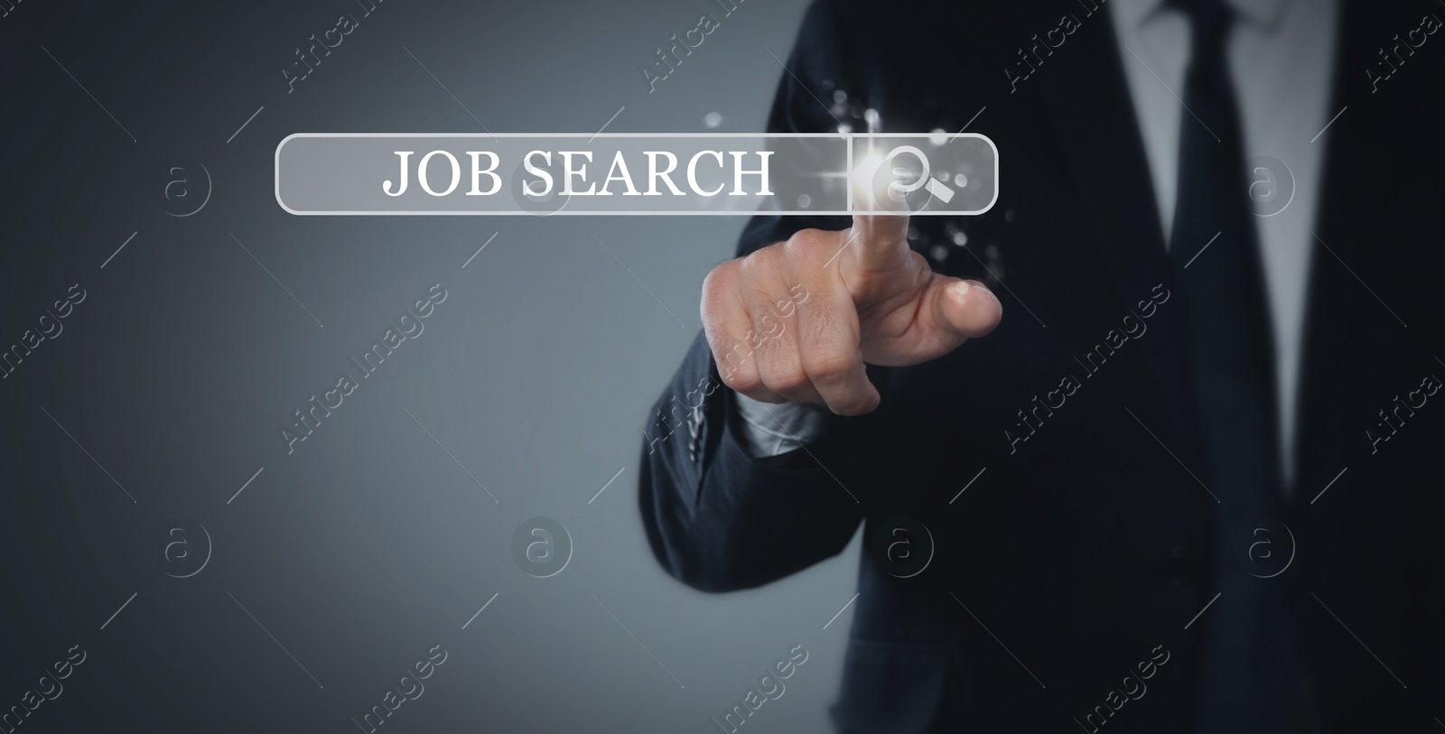 Image of Job search. Businessman touching virtual search bar on grey background, closeup