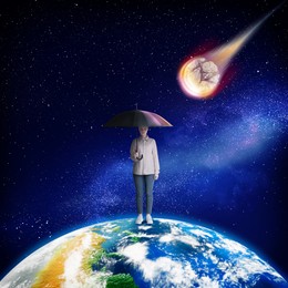 Image of Woman standing on globe and protecting herself from falling asteroid with umbrella in space