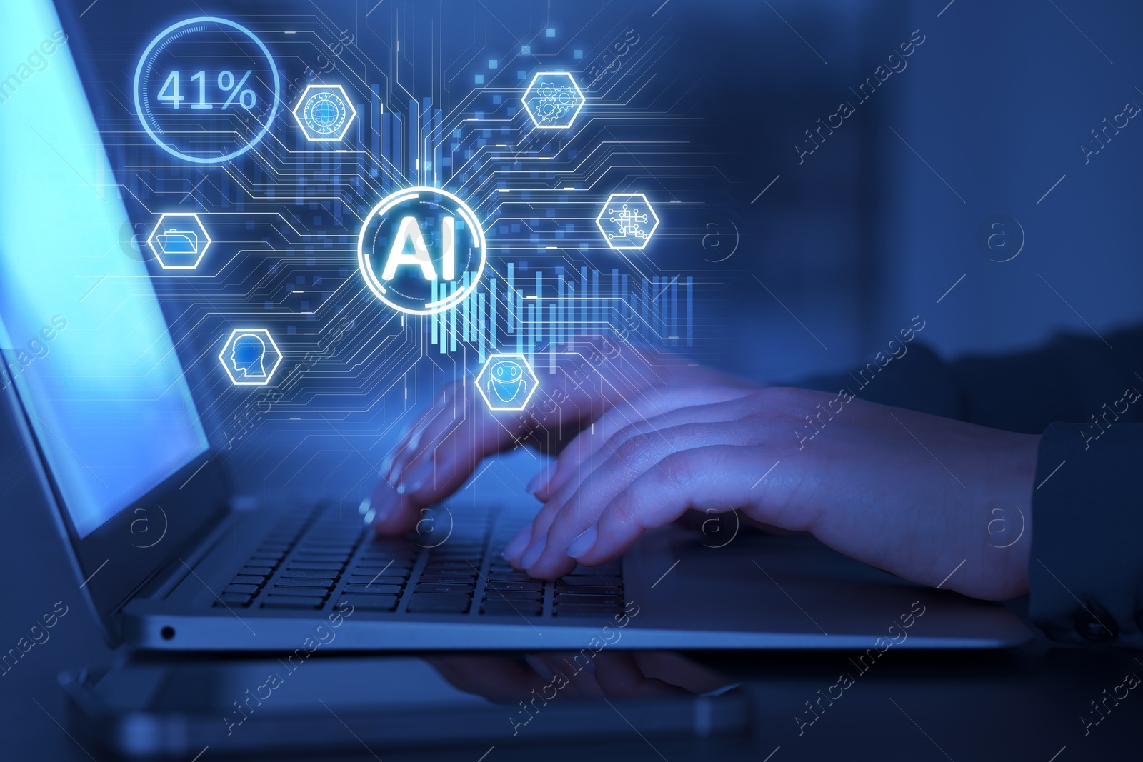 Illustration of Artificial intelligence. Woman using laptop at table, closeup. Scheme with AI and other icons over computer. Toned in blue