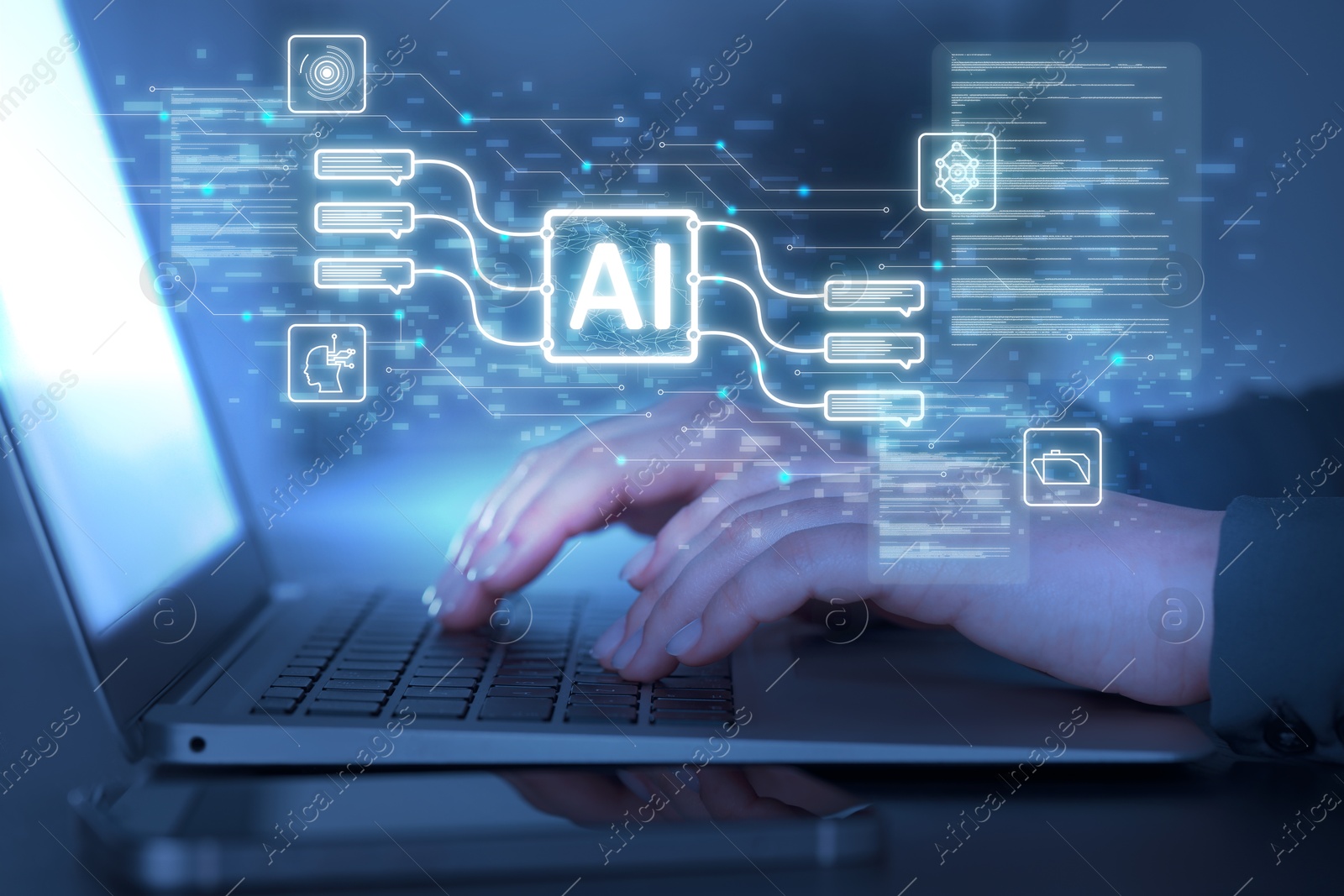 Illustration of Artificial intelligence. Woman using laptop at table, closeup. Scheme with AI and other icons over computer. Toned in blue