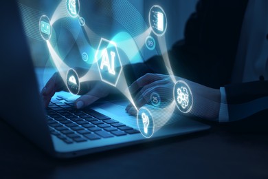 Illustration of Artificial intelligence. Woman using laptop at table, closeup. Scheme with AI and other icons over computer. Toned in blue