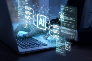 Image of Artificial intelligence. Woman using laptop at table, closeup. Scheme with AI and other icons over computer. Toned in blue