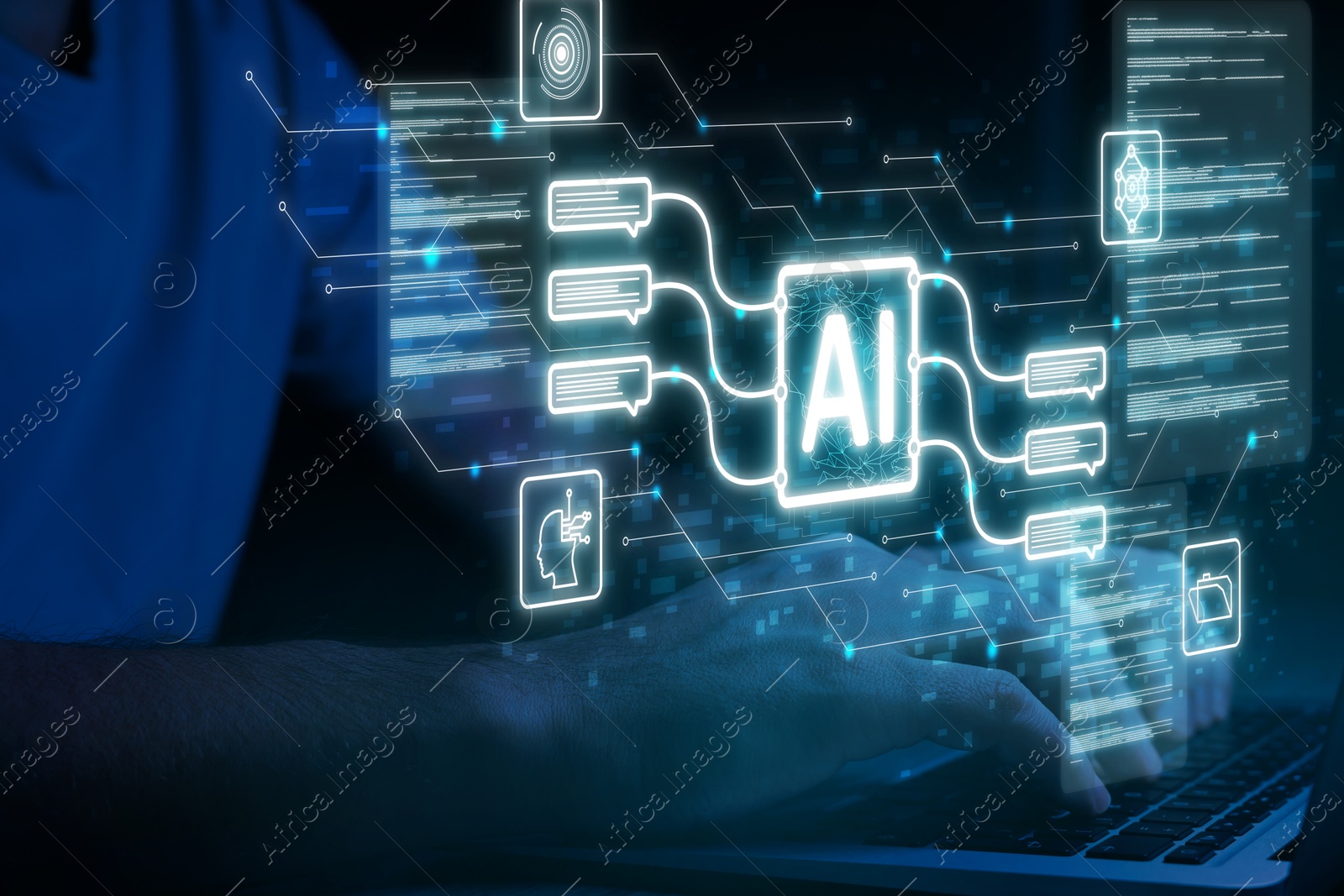 Image of Artificial intelligence. Man using laptop at table, closeup. Scheme with AI and other icons over computer. Toned in blue