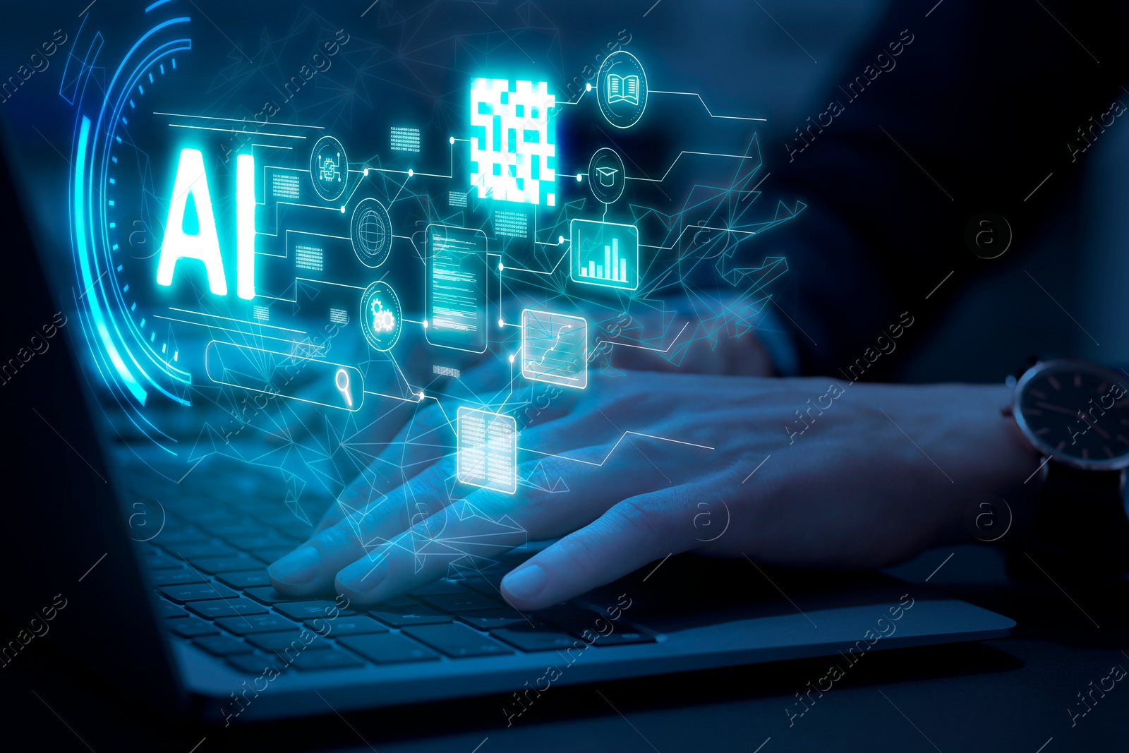 Illustration of Artificial intelligence. Woman using laptop at table, closeup. Scheme with AI and other icons over computer. Toned in blue