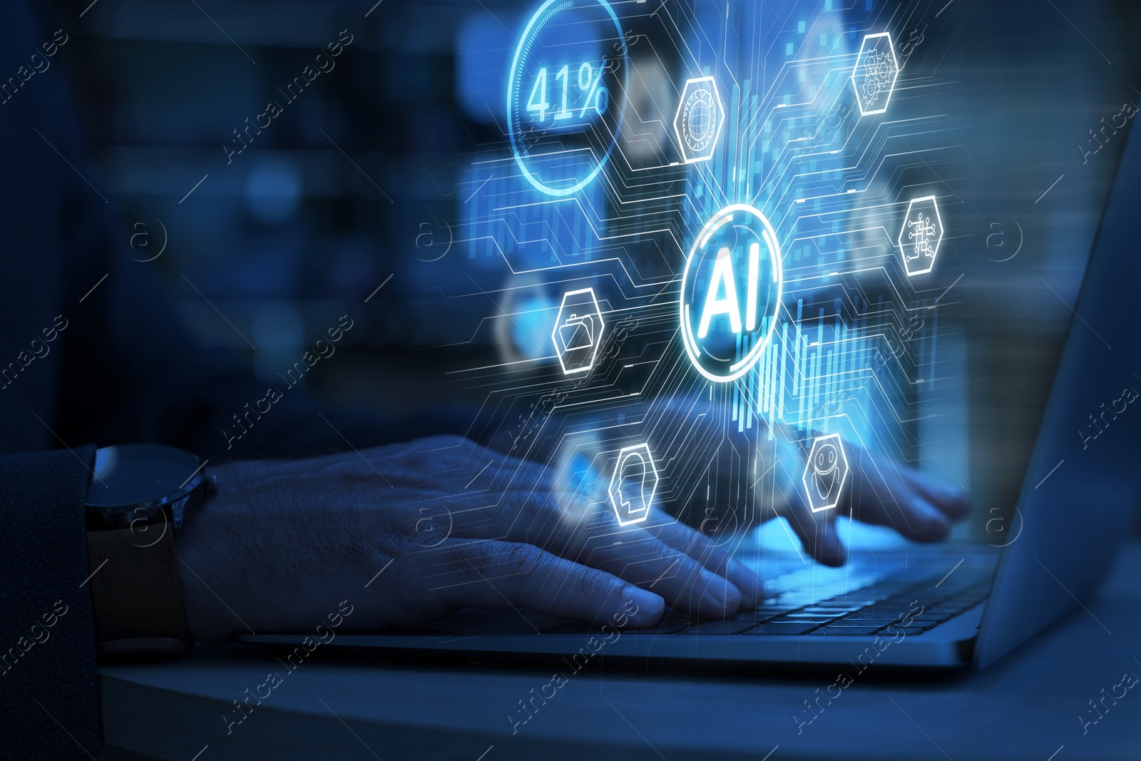 Image of Artificial intelligence. Man using laptop at table, closeup. Scheme with AI and other icons over computer. Toned in blue