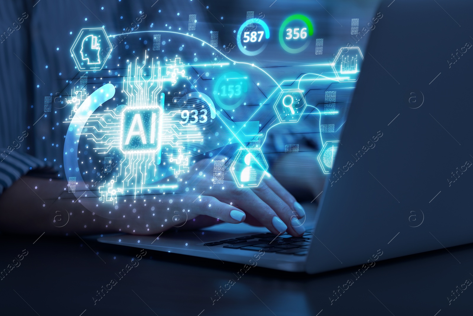 Image of Artificial intelligence. Woman using laptop at table, closeup. Scheme with AI and other icons over computer. Toned in blue