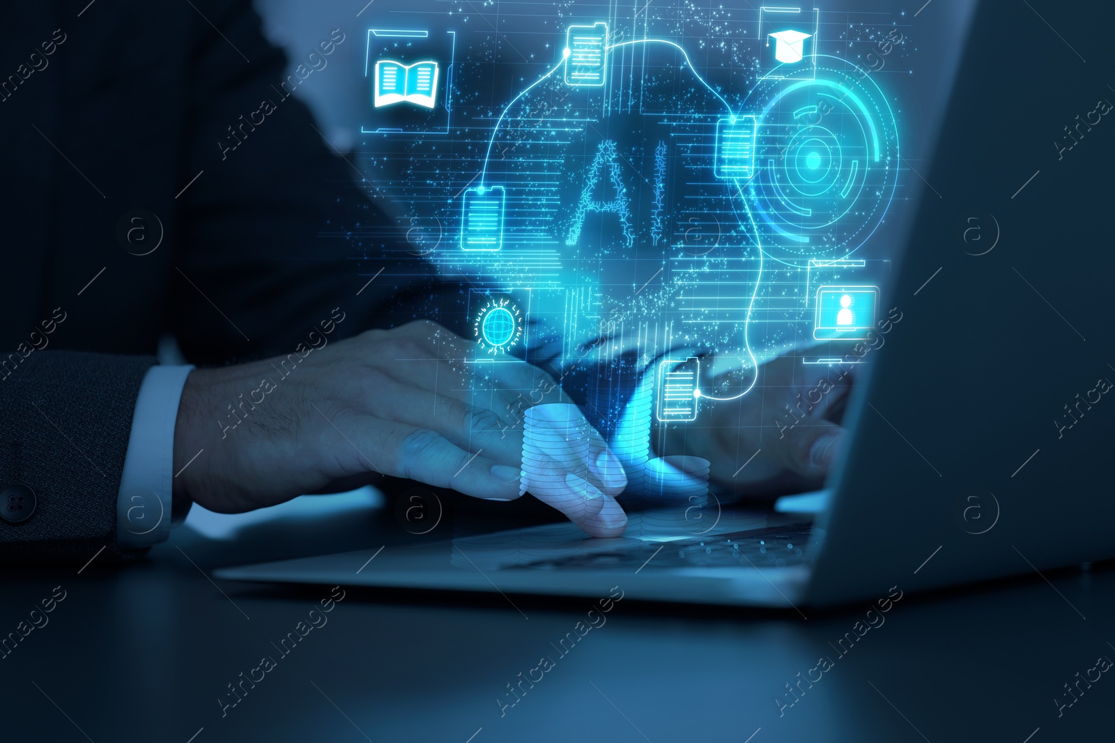 Image of Artificial intelligence. Man using laptop at table, closeup. Scheme with AI and other icons over computer. Toned in blue