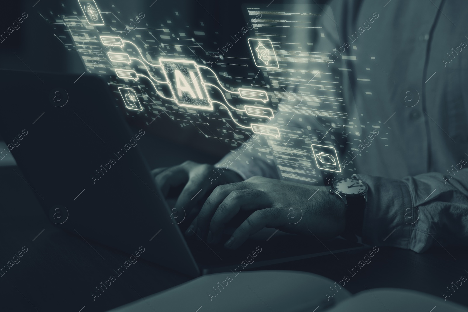 Image of Artificial intelligence. Man using laptop at table, closeup. Scheme with AI and other icons over computer. Toned in grey