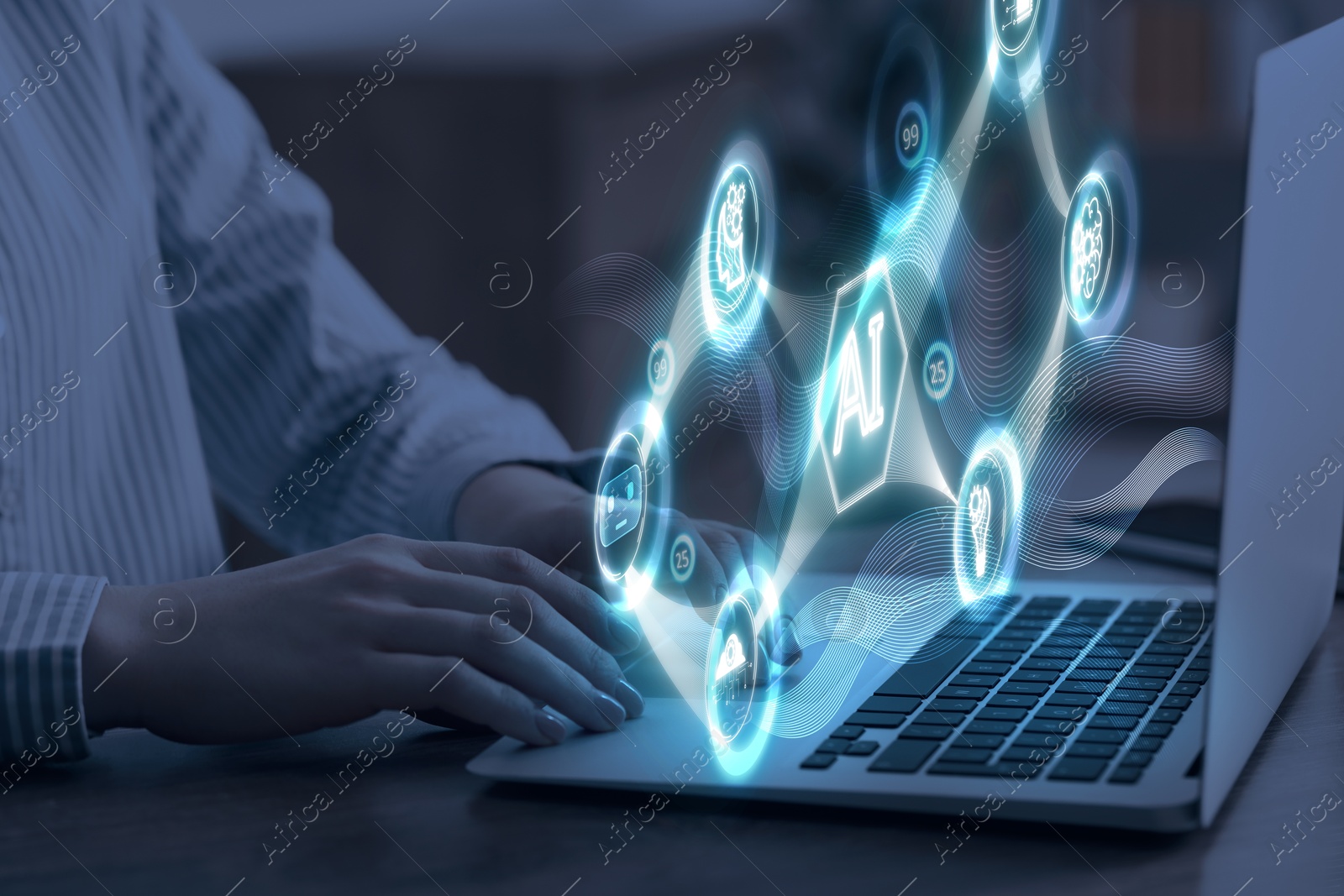 Image of Artificial intelligence. Woman using laptop at table, closeup. Scheme with AI and other icons over computer. Toned in blue