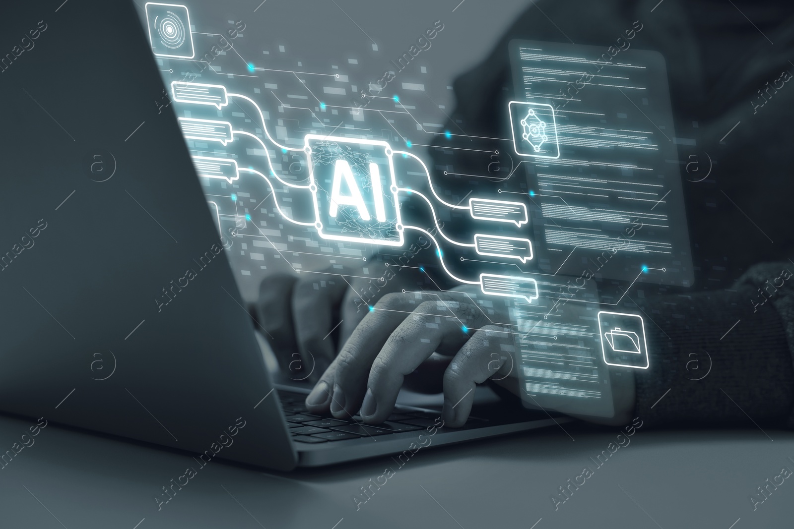 Image of Artificial intelligence. Man using laptop at table, closeup. Scheme with AI and other icons over computer. Toned in grey