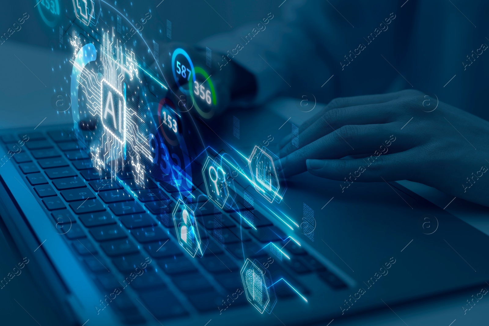 Image of Artificial intelligence. Woman using laptop at table, closeup. Scheme with AI and other icons over computer. Toned in blue