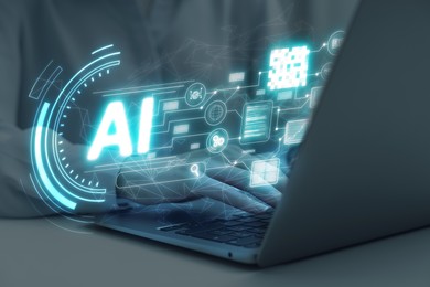 Image of Artificial intelligence. Woman using laptop at table, closeup. Scheme with AI and other icons over computer