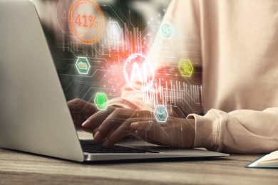 Image of Artificial intelligence. Woman using laptop at table, closeup. Scheme with AI and other icons over computer