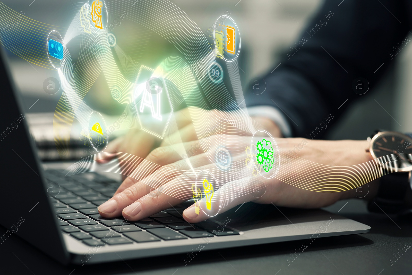 Image of Artificial intelligence. Woman using laptop at table, closeup. Scheme with AI and other icons over computer