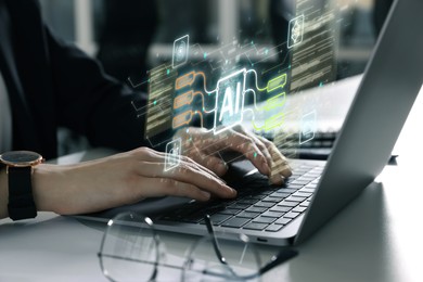 Artificial intelligence. Woman using laptop at table, closeup. Scheme with AI and other icons over computer