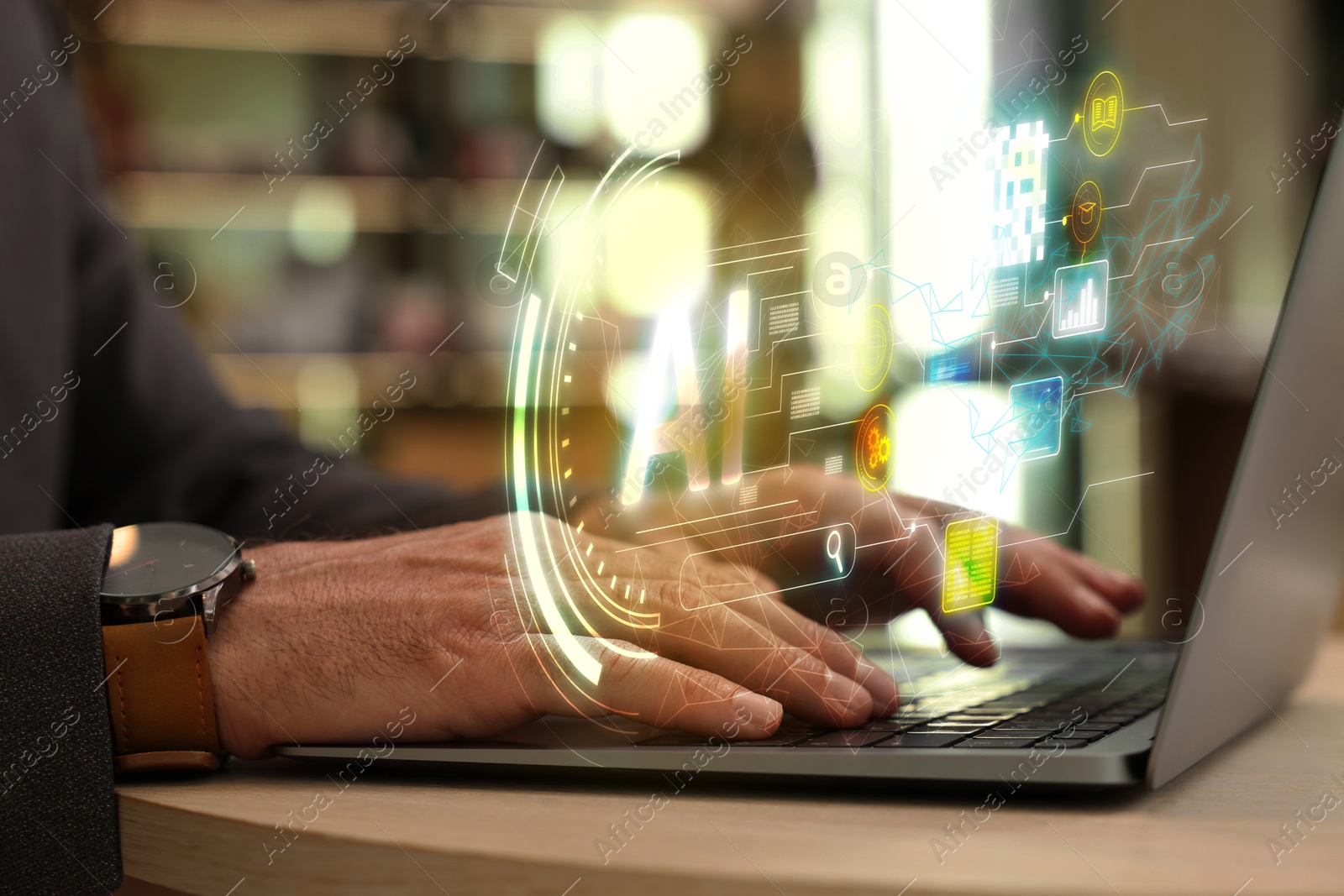 Image of Artificial intelligence. Man using laptop at table, closeup. Scheme with AI and other icons over computer