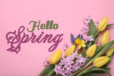 Image of Hello Spring. Beautiful flowers on pink background, top view