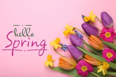 Image of Hello Spring. Beautiful flowers on pink background, top view