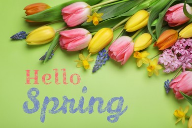 Image of Hello Spring. Beautiful flowers on pastel green background, top view