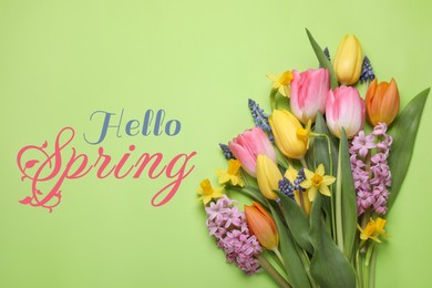 Image of Hello Spring. Bouquet of beautiful flowers on pastel green background, top view