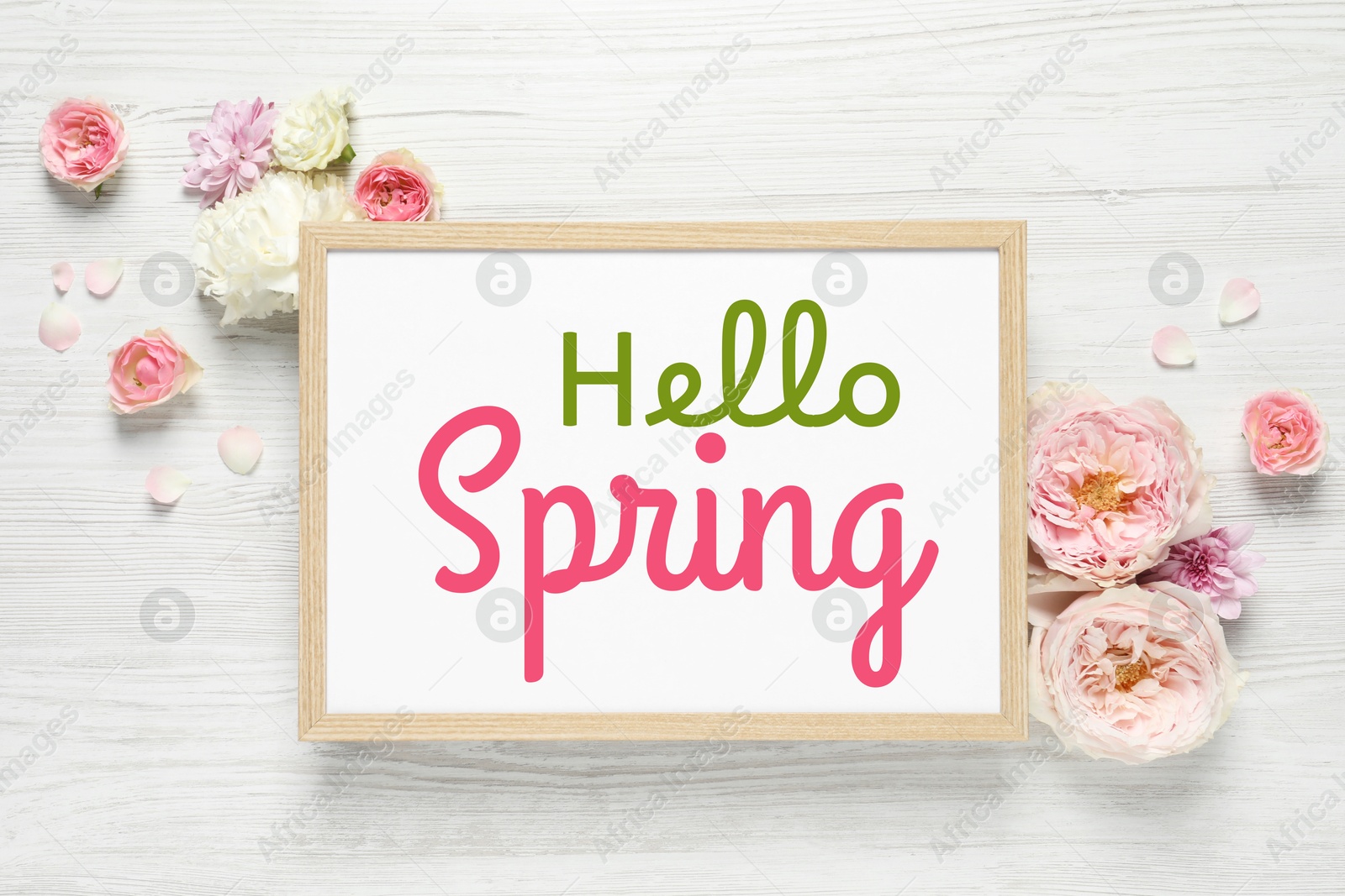 Image of Hello Spring card in frame and beautiful flowers on white wooden background, flat lay