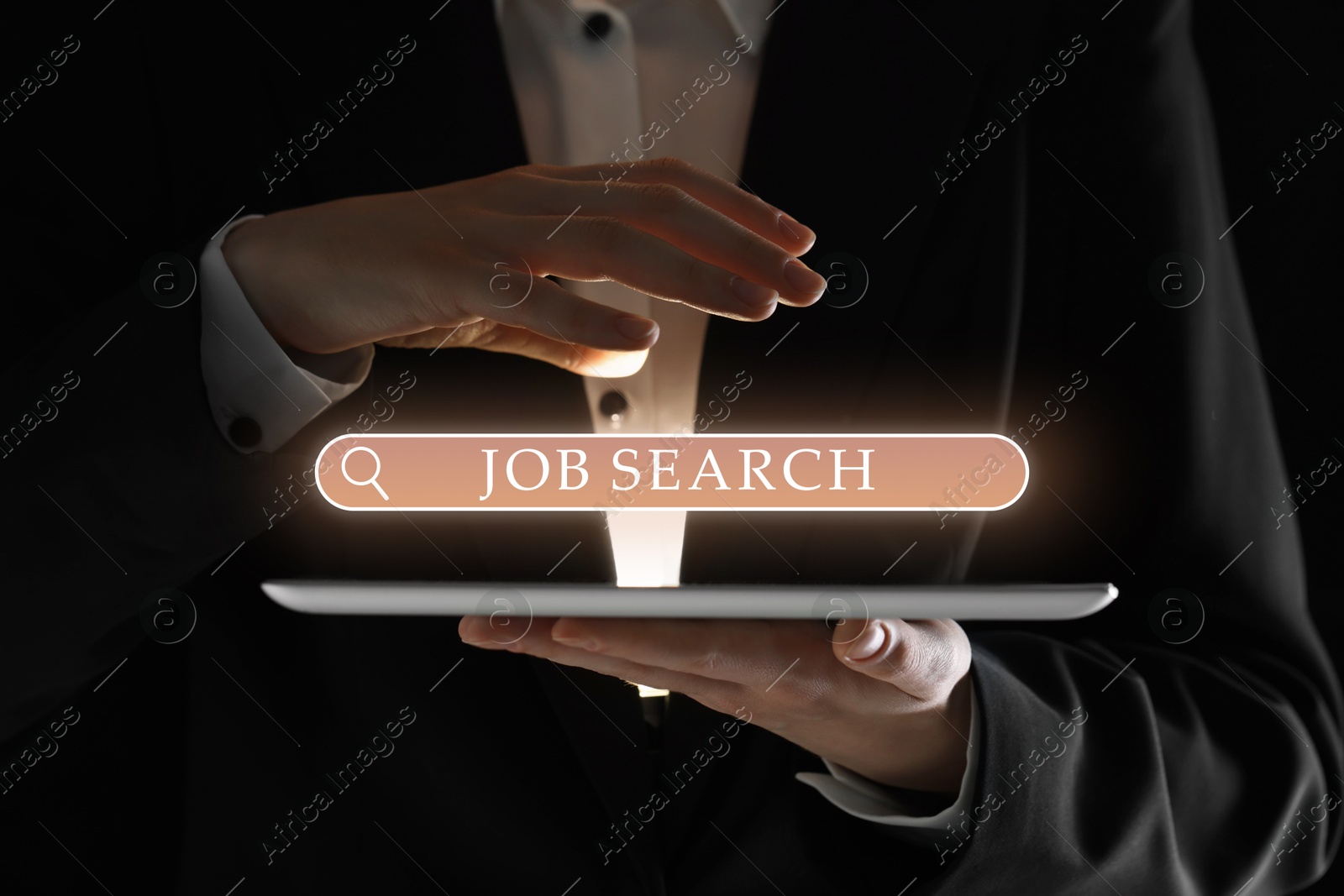 Image of Job search. Businessman holding tablet computer on black background, closeup. Search bar with words above device