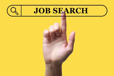 Image of Job search. Man touching virtual search bar on yellow background, closeup