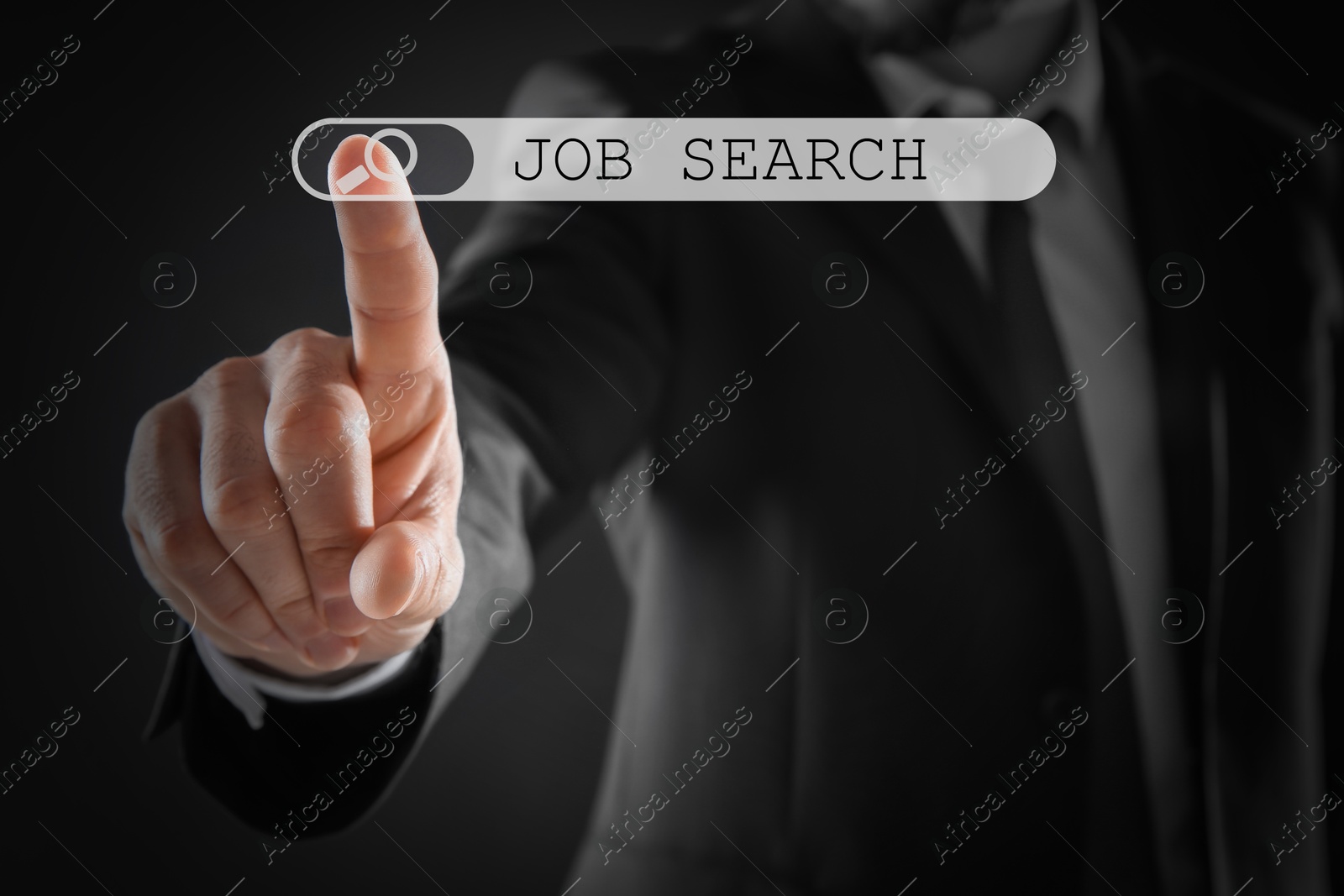 Image of Job search. Businessman touching virtual search bar on black background, closeup