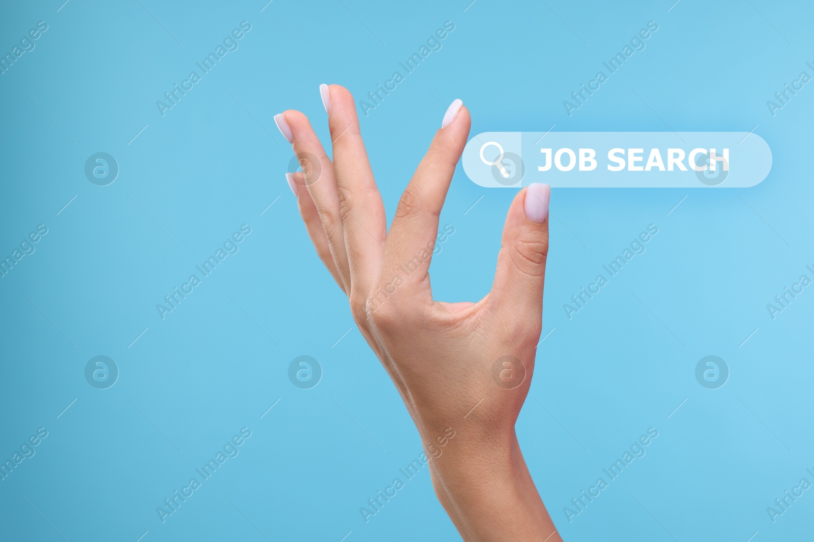 Image of Job search. Woman holding virtual search bar on light blue background, closeup