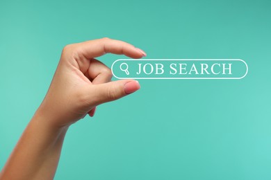 Image of Job search. Woman holding virtual search bar on turquoise background, closeup