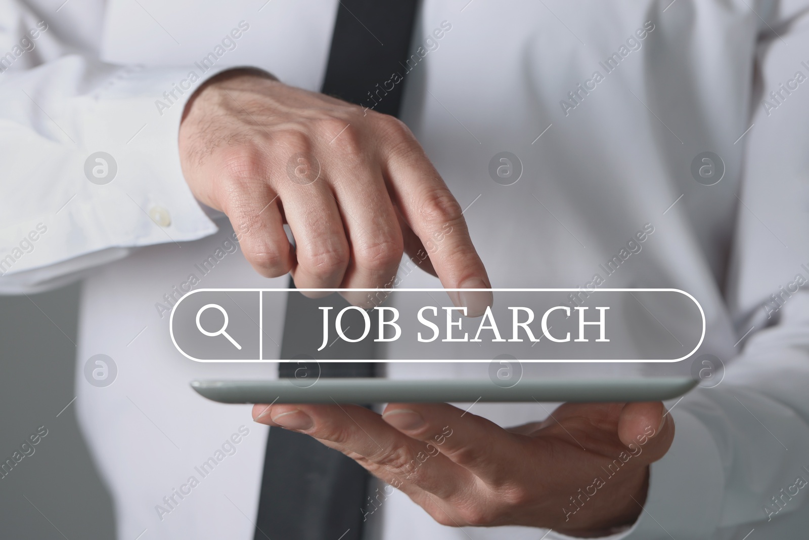 Image of Job search. Businessman holding tablet computer, closeup. Search bar with words above device