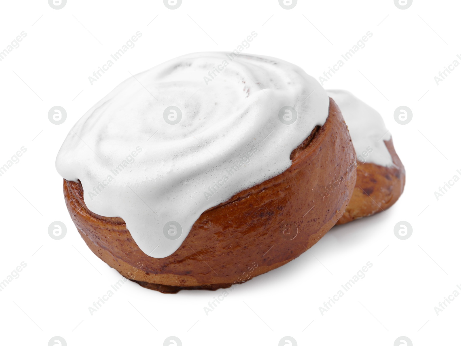 Photo of Tasty cinnamon rolls with cream isolated on white