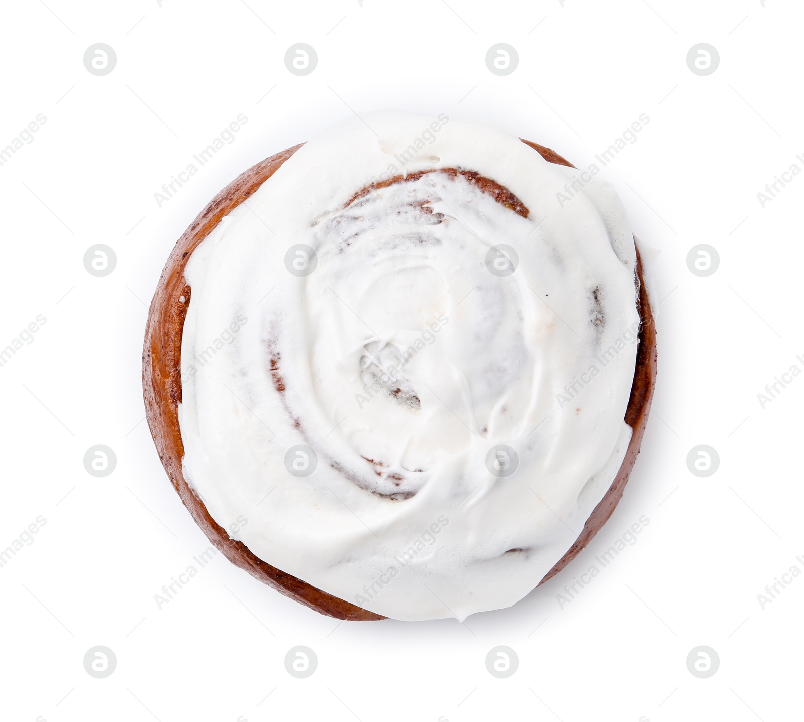 Photo of Tasty cinnamon roll with cream isolated on white, top view