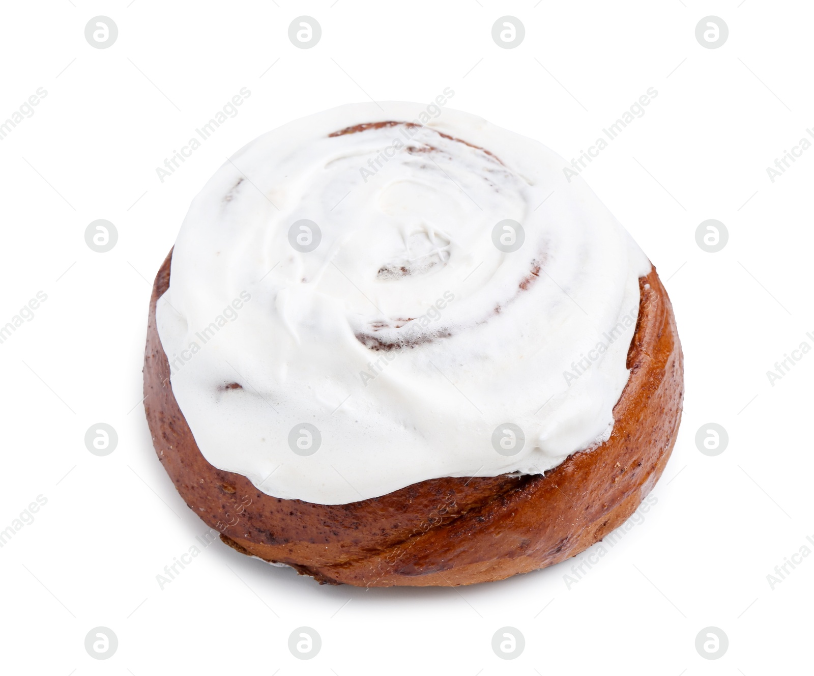 Photo of Tasty cinnamon roll with cream isolated on white