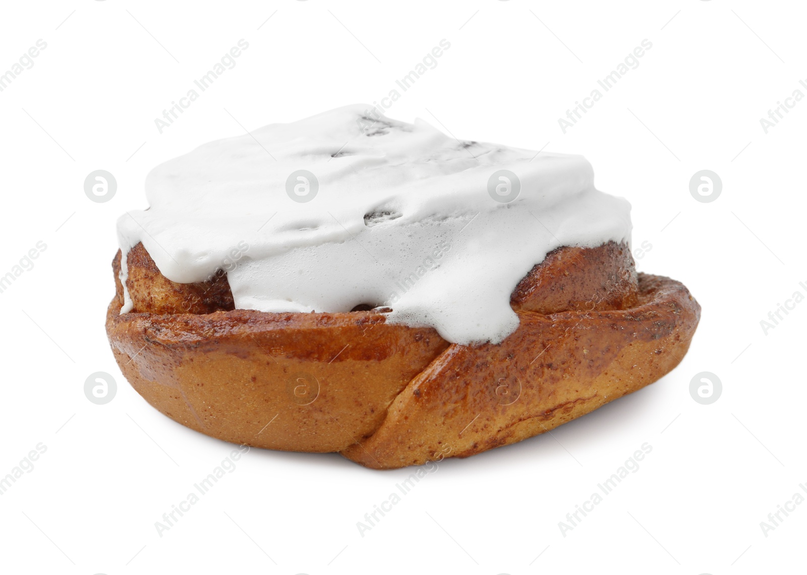 Photo of Tasty cinnamon roll with cream isolated on white